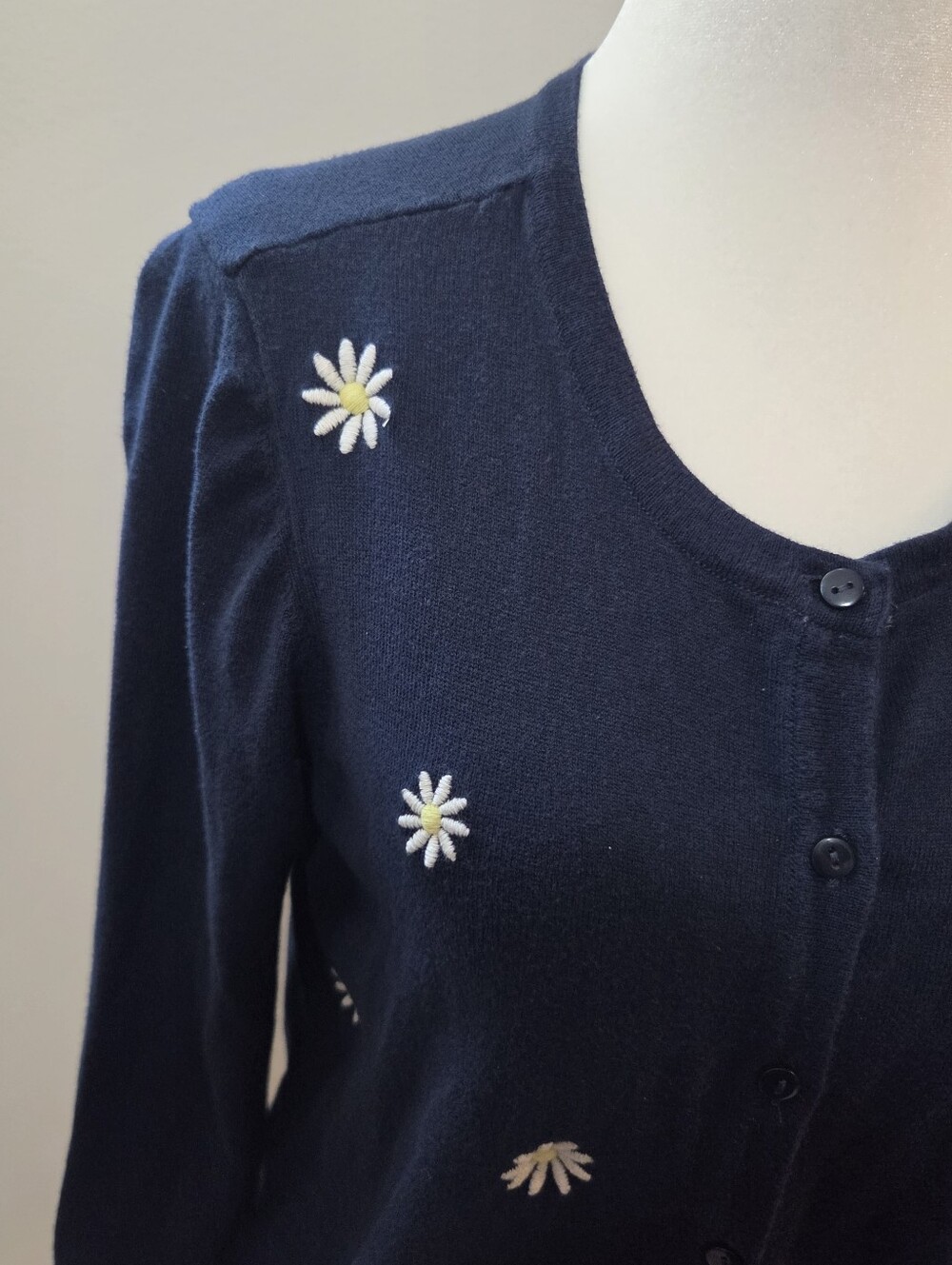 Loft Navy Blue Floral Daisy Button Down Women's Feminine Cotton Cardigan Medium - Picture 2 of 10